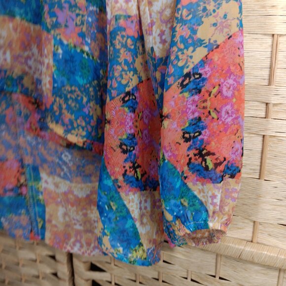 Aqua Sheer Patchwork Print Hi Low Sheer Long Sleeve Blouse Medium - Picture 4 of 5